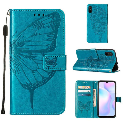 Butterfly Flower Pattern Imprinted PU Leather Wallet Stand Flip Case with Carrying Strap for Xiaomi Redmi 9A / 9i (India) / 9AT