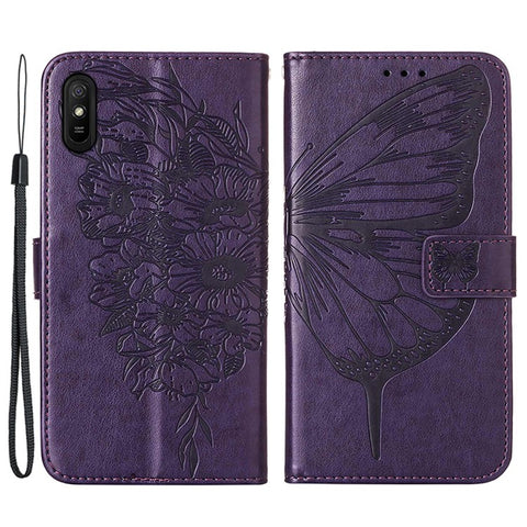 Butterfly Flower Pattern Imprinted PU Leather Wallet Stand Flip Case with Carrying Strap for Xiaomi Redmi 9A / 9i (India) / 9AT