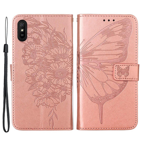 Butterfly Flower Pattern Imprinted PU Leather Wallet Stand Flip Case with Carrying Strap for Xiaomi Redmi 9A / 9i (India) / 9AT