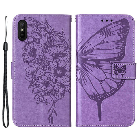 Butterfly Flower Pattern Imprinted PU Leather Wallet Stand Flip Case with Carrying Strap for Xiaomi Redmi 9A / 9i (India) / 9AT