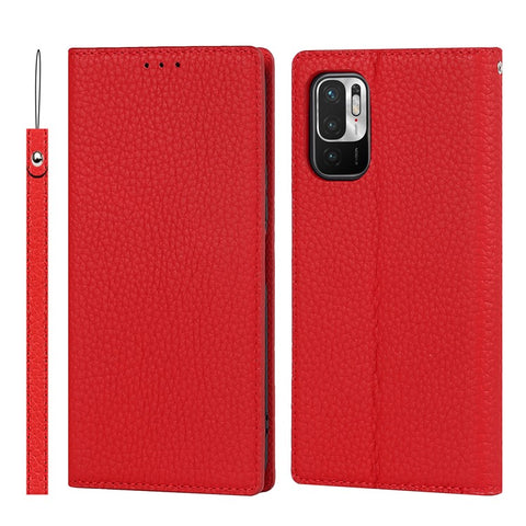 Litchi Skin Genuine Leather Phone Cover Anti-fall Stand Design Phone Case with Wrist Strap for Xiaomi Redmi Note 10 JE