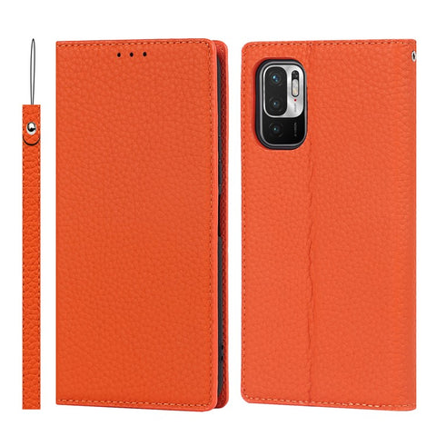Litchi Skin Genuine Leather Phone Cover Anti-fall Stand Design Phone Case with Wrist Strap for Xiaomi Redmi Note 10 JE