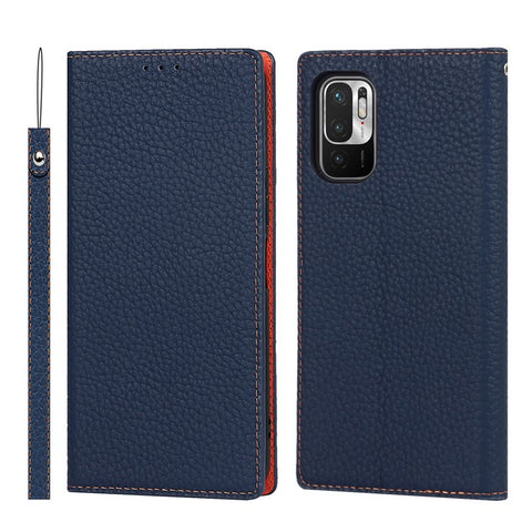 Litchi Skin Genuine Leather Phone Cover Anti-fall Stand Design Phone Case with Wrist Strap for Xiaomi Redmi Note 10 JE