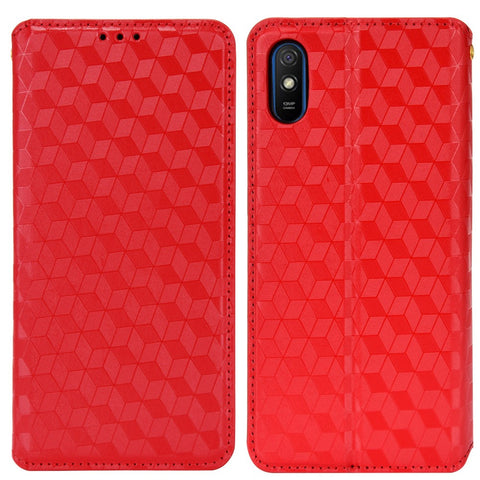 Foldable Stand 3D Rhombus Pattern Auto Closure Magnetic Leather Case Wallet Phone Cover for Xiaomi Redmi 9A/Redmi 9AT/Redmi 9i