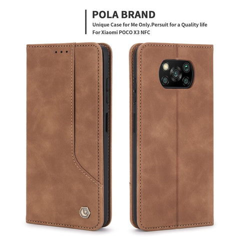 POLA 008 Series Retro Style Stand Wallet Phone Case PU Leather Auto Closing Magnetic Protective Cover for Xiaomi Poco X3/Poco X3 NFC/Poco X3 Pro