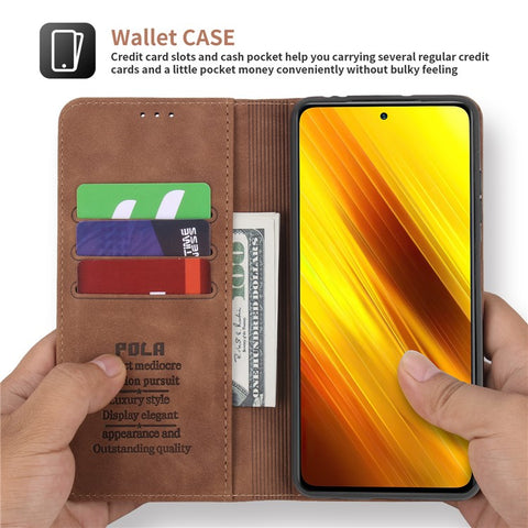 POLA 008 Series Retro Style Stand Wallet Phone Case PU Leather Auto Closing Magnetic Protective Cover for Xiaomi Poco X3/Poco X3 NFC/Poco X3 Pro