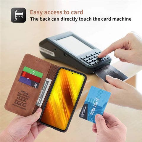 POLA 008 Series Retro Style Stand Wallet Phone Case PU Leather Auto Closing Magnetic Protective Cover for Xiaomi Poco X3/Poco X3 NFC/Poco X3 Pro