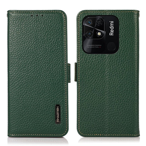 KHAZNEH Genuine Leather Wallet Case for Xiaomi Redmi 10C 4G Litchi Texture TPU Inner Shell RFID Blocking Stand Flip Cover