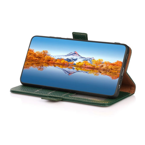 KHAZNEH Genuine Leather Wallet Case for Xiaomi Redmi 10C 4G Litchi Texture TPU Inner Shell RFID Blocking Stand Flip Cover
