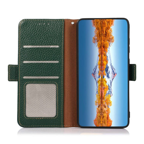 KHAZNEH Genuine Leather Wallet Case for Xiaomi Redmi 10C 4G Litchi Texture TPU Inner Shell RFID Blocking Stand Flip Cover