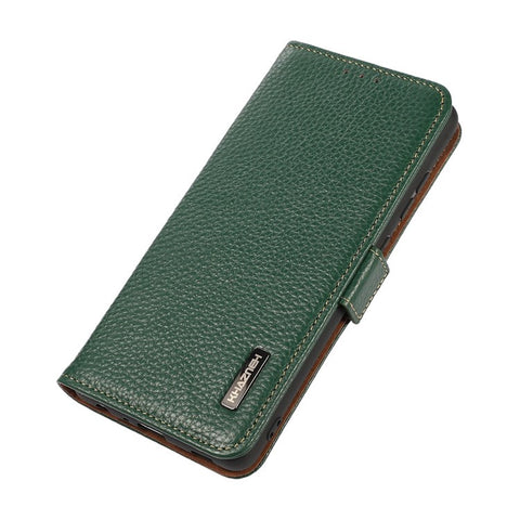 KHAZNEH Genuine Leather Wallet Case for Xiaomi Redmi 10C 4G Litchi Texture TPU Inner Shell RFID Blocking Stand Flip Cover