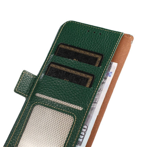 KHAZNEH Genuine Leather Wallet Case for Xiaomi Redmi 10C 4G Litchi Texture TPU Inner Shell RFID Blocking Stand Flip Cover