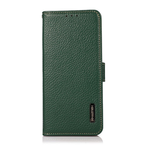KHAZNEH Genuine Leather Wallet Case for Xiaomi Redmi 10C 4G Litchi Texture TPU Inner Shell RFID Blocking Stand Flip Cover