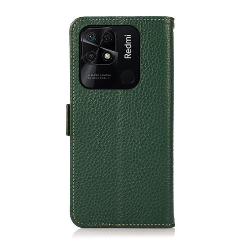 KHAZNEH Genuine Leather Wallet Case for Xiaomi Redmi 10C 4G Litchi Texture TPU Inner Shell RFID Blocking Stand Flip Cover