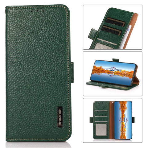 KHAZNEH Genuine Leather Wallet Case for Xiaomi Redmi 10C 4G Litchi Texture TPU Inner Shell RFID Blocking Stand Flip Cover