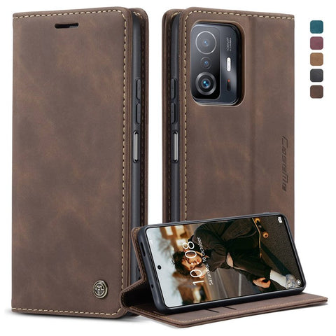 CASEME 013 Series for Xiaomi 11T / 11T Pro PU Leather Folio Flip Cover Wallet Style Magnetic Auto-absorbed Stand Book Case
