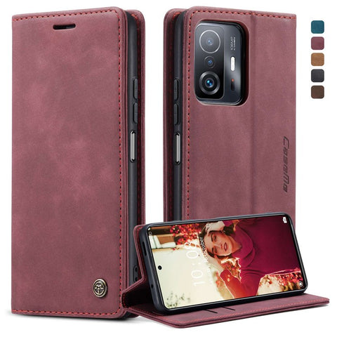 CASEME 013 Series for Xiaomi 11T / 11T Pro PU Leather Folio Flip Cover Wallet Style Magnetic Auto-absorbed Stand Book Case