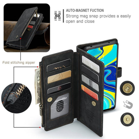 For Xiaomi Redmi Note 9 Pro / Note 9 Pro Max / Note 9S Phone Cases with Strap CASEME C30 Zipper Multiple Card Holder PU Leather Cover