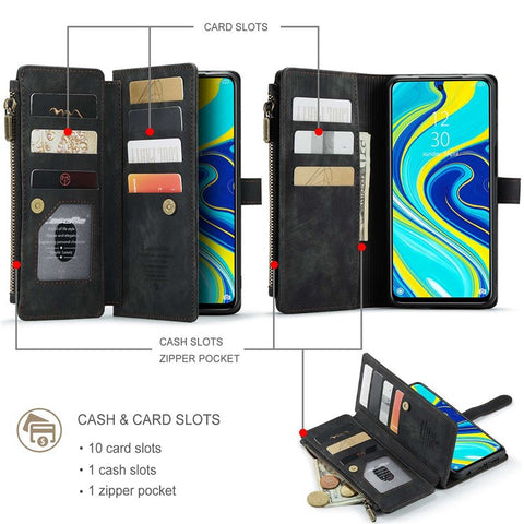 For Xiaomi Redmi Note 9 Pro / Note 9 Pro Max / Note 9S Phone Cases with Strap CASEME C30 Zipper Multiple Card Holder PU Leather Cover