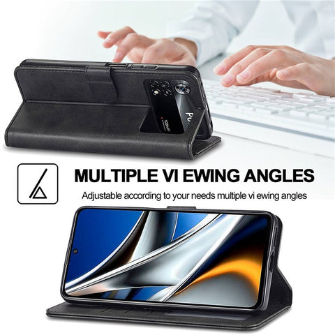 LC.IMEEKE for Xiaomi Poco X4 Pro 5G Textured PU Leather Anti-collision Flip Folio Stand Wallet Case Phone Case Cover