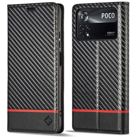 LC.IMEEKE For Xiaomi Poco X4 Pro 5G Anti-scratch Flip Wallet Case, PU Leather Carbon Fiber Texture Stand Magnetic Auto-absorbed Folio Phone Cover
