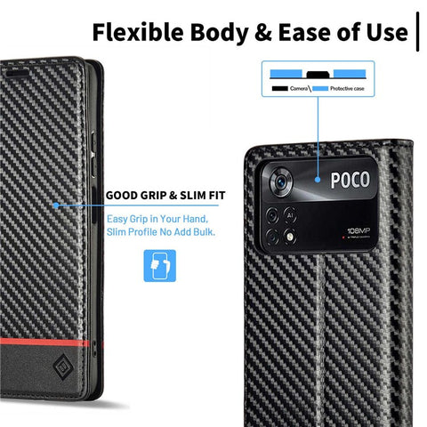 LC.IMEEKE For Xiaomi Poco X4 Pro 5G Anti-scratch Flip Wallet Case, PU Leather Carbon Fiber Texture Stand Magnetic Auto-absorbed Folio Phone Cover