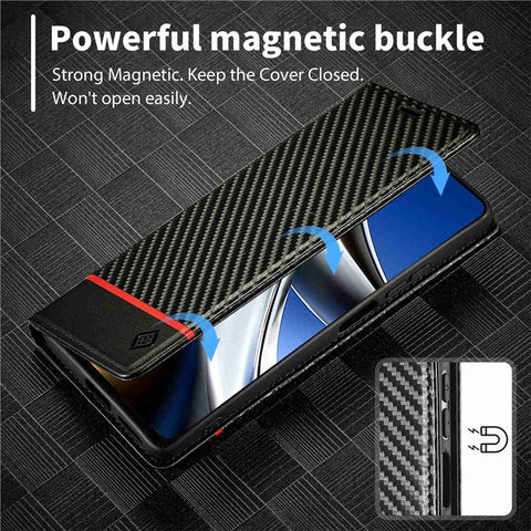 LC.IMEEKE For Xiaomi Poco X4 Pro 5G Anti-scratch Flip Wallet Case, PU Leather Carbon Fiber Texture Stand Magnetic Auto-absorbed Folio Phone Cover
