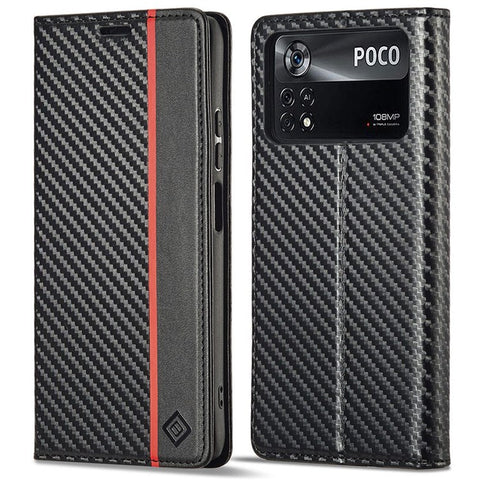 LC.IMEEKE For Xiaomi Poco X4 Pro 5G Anti-scratch Flip Wallet Case, PU Leather Carbon Fiber Texture Stand Magnetic Auto-absorbed Folio Phone Cover