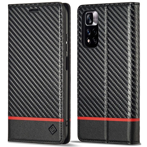 LC.IMEEKE For Xiaomi Redmi Note 11 Pro+ 5G/Note 11 Pro 5G (China) (MediaTek) Flip Wallet Case, Fall Protection PU Leather Carbon Fiber Texture Stand Auto Closing Phone Cover