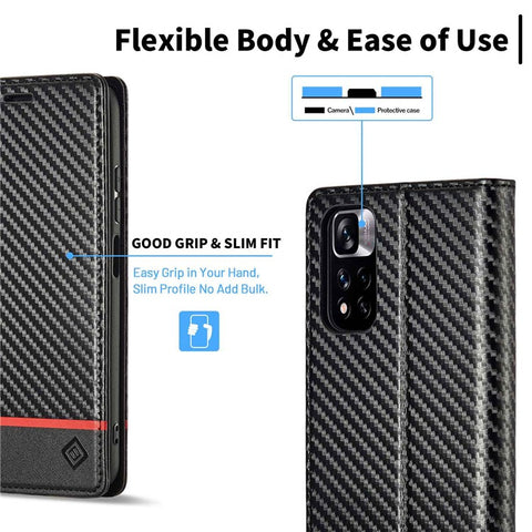 LC.IMEEKE For Xiaomi Redmi Note 11 Pro+ 5G/Note 11 Pro 5G (China) (MediaTek) Flip Wallet Case, Fall Protection PU Leather Carbon Fiber Texture Stand Auto Closing Phone Cover
