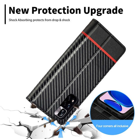 LC.IMEEKE For Xiaomi Redmi Note 11 Pro+ 5G/Note 11 Pro 5G (China) (MediaTek) Flip Wallet Case, Fall Protection PU Leather Carbon Fiber Texture Stand Auto Closing Phone Cover