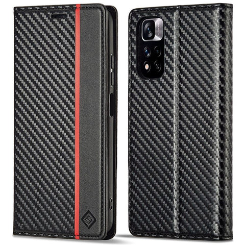 LC.IMEEKE For Xiaomi Redmi Note 11 Pro+ 5G/Note 11 Pro 5G (China) (MediaTek) Flip Wallet Case, Fall Protection PU Leather Carbon Fiber Texture Stand Auto Closing Phone Cover