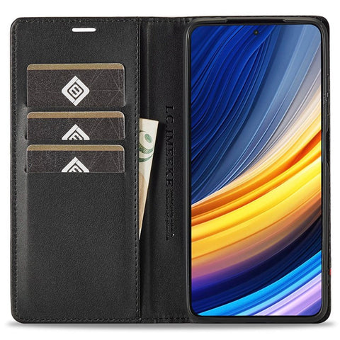 LC.IMEEKE For Xiaomi Poco X3/X3 Pro/X3 NFC Flip Wallet Case, Shock Absorption PU Leather Carbon Fiber Texture Stand Magnetic Auto-absorbed Phone Cover