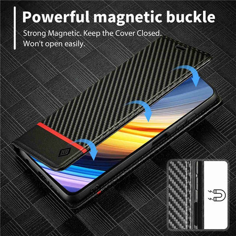 LC.IMEEKE For Xiaomi Poco X3/X3 Pro/X3 NFC Flip Wallet Case, Shock Absorption PU Leather Carbon Fiber Texture Stand Magnetic Auto-absorbed Phone Cover