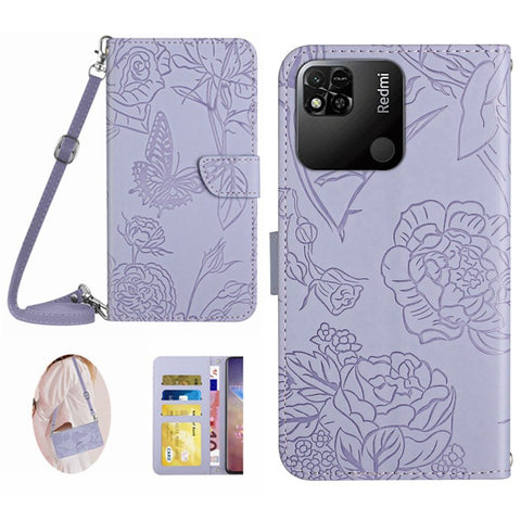 For Xiaomi Redmi 9C/9C NFC/Poco C3 Wallet Phone Case Butterfly Flowers Imprinted PU Leather Protective Folio Flip Cover Anti-Scratch Stand Shell with Shoulder Strap