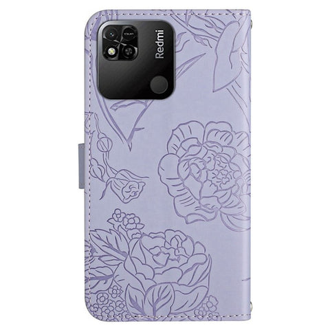 For Xiaomi Redmi 9C/9C NFC/Poco C3 Wallet Phone Case Butterfly Flowers Imprinted PU Leather Protective Folio Flip Cover Anti-Scratch Stand Shell with Shoulder Strap