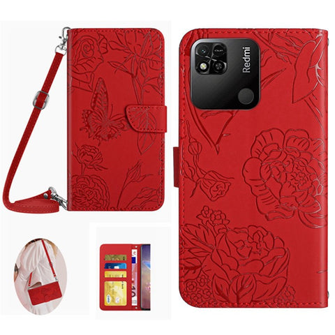 For Xiaomi Redmi 9C/9C NFC/Poco C3 Wallet Phone Case Butterfly Flowers Imprinted PU Leather Protective Folio Flip Cover Anti-Scratch Stand Shell with Shoulder Strap