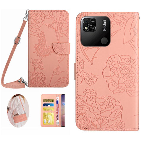 For Xiaomi Redmi 9C/9C NFC/Poco C3 Wallet Phone Case Butterfly Flowers Imprinted PU Leather Protective Folio Flip Cover Anti-Scratch Stand Shell with Shoulder Strap