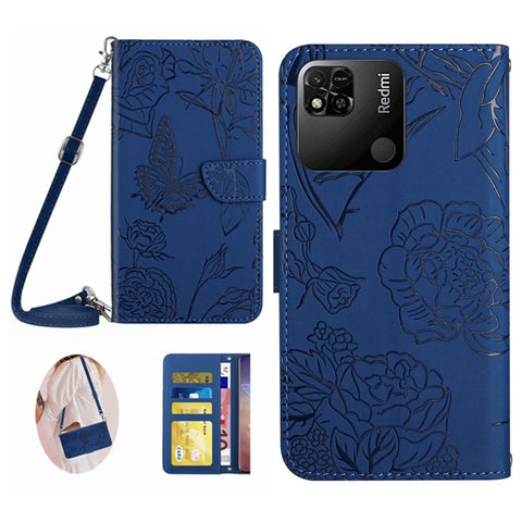 For Xiaomi Redmi 9C/9C NFC/Poco C3 Wallet Phone Case Butterfly Flowers Imprinted PU Leather Protective Folio Flip Cover Anti-Scratch Stand Shell with Shoulder Strap