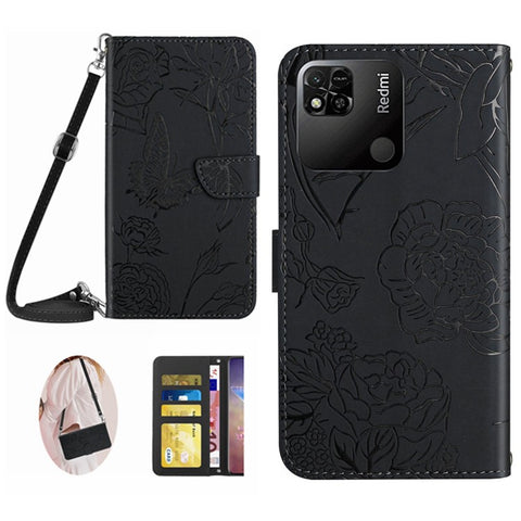 For Xiaomi Redmi 9C/9C NFC/Poco C3 Wallet Phone Case Butterfly Flowers Imprinted PU Leather Protective Folio Flip Cover Anti-Scratch Stand Shell with Shoulder Strap