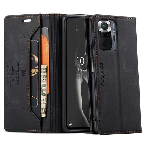 AUTSPACE A01 Series for Xiaomi Redmi Note 10 Pro 4G (India)/(Global)/Note 10 Pro Max Leather Case RFID Blocking Wallet Stand Flip Cover