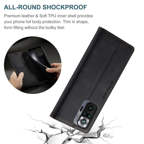 AUTSPACE A01 Series for Xiaomi Redmi Note 10 Pro 4G (India)/(Global)/Note 10 Pro Max Leather Case RFID Blocking Wallet Stand Flip Cover