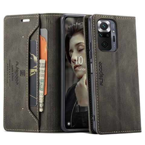 AUTSPACE A01 Series for Xiaomi Redmi Note 10 Pro 4G (India)/(Global)/Note 10 Pro Max Leather Case RFID Blocking Wallet Stand Flip Cover