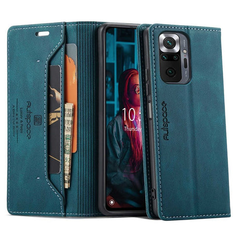 AUTSPACE A01 Series for Xiaomi Redmi Note 10 Pro 4G (India)/(Global)/Note 10 Pro Max Leather Case RFID Blocking Wallet Stand Flip Cover