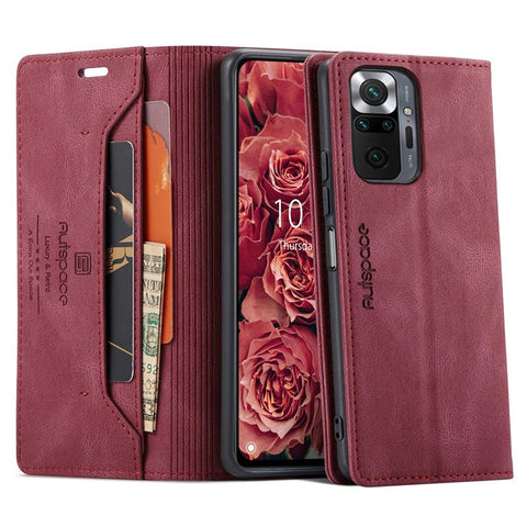 AUTSPACE A01 Series for Xiaomi Redmi Note 10 Pro 4G (India)/(Global)/Note 10 Pro Max Leather Case RFID Blocking Wallet Stand Flip Cover