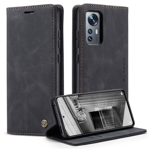 CASEME 013 Series Anti-scratch Phone Case Shell for Xiaomi 12 5G/12X 5G/12S 5G, Auto-absorbed PU Leather Wallet Foldable Stand Phone Cover