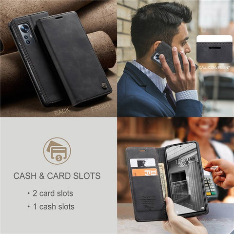 CASEME 013 Series Anti-scratch Phone Case Shell for Xiaomi 12 5G/12X 5G/12S 5G, Auto-absorbed PU Leather Wallet Foldable Stand Phone Cover