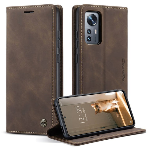 CASEME 013 Series Anti-scratch Phone Case Shell for Xiaomi 12 5G/12X 5G/12S 5G, Auto-absorbed PU Leather Wallet Foldable Stand Phone Cover