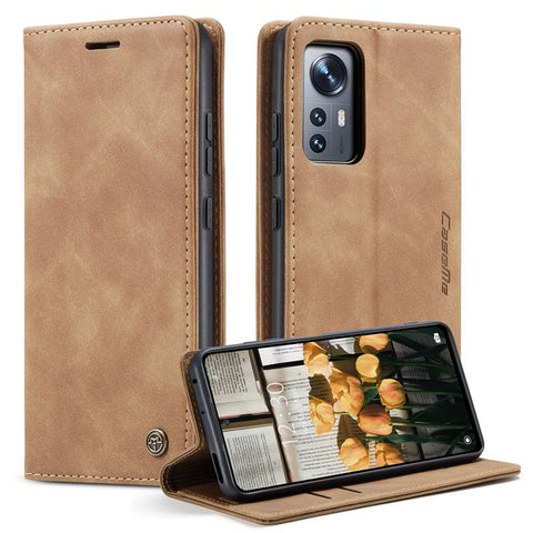 CASEME 013 Series Anti-scratch Phone Case Shell for Xiaomi 12 5G/12X 5G/12S 5G, Auto-absorbed PU Leather Wallet Foldable Stand Phone Cover