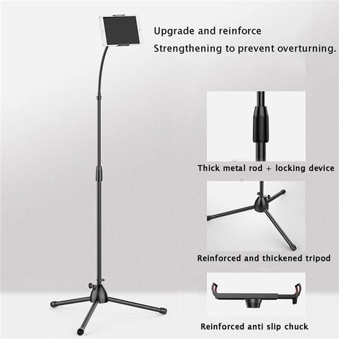 Universal Tablet Holder Floor Stand 3.5-10.5 inch Mobile Phone Tablet 360° Rotating Retractable Metal Tripod